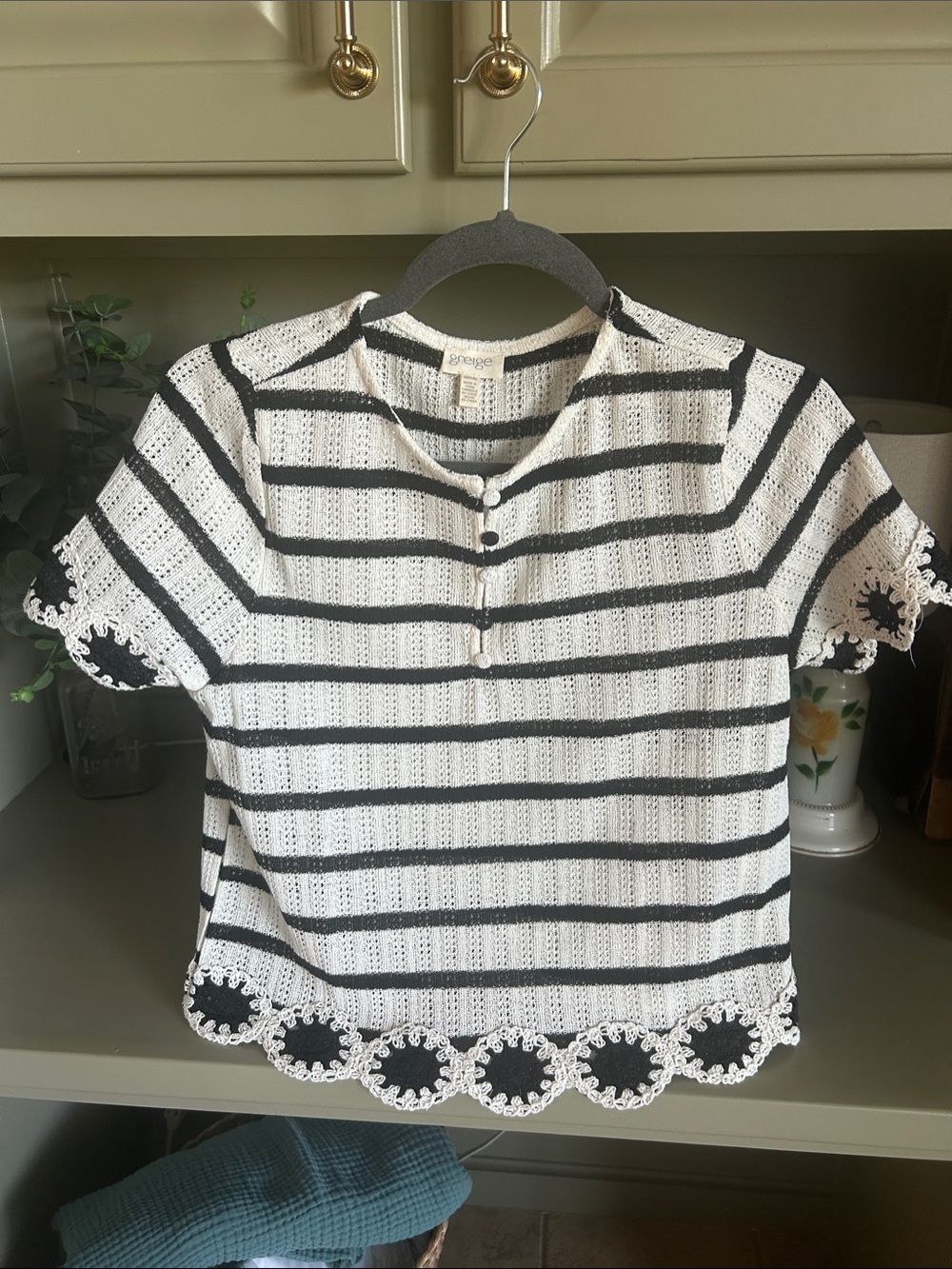 Striped Crochet Trim Knit Top - Black & White